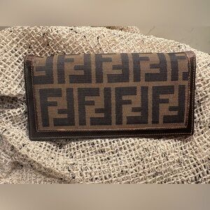 Fendi Tan and Black Logo Canvas Wallet